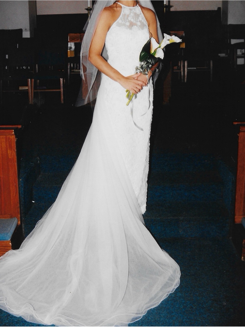Elegant White Halter Lace Wedding Dress with Chapel Train